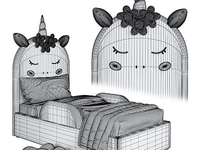 Cute Unicorn Themed Kids Bed Frame With Cartoon Face Headboard And Decorative Flowers 3d model
