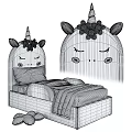 Cute Unicorn Themed Kids Bed Frame With Cartoon Face Headboard And Decorative Flowers