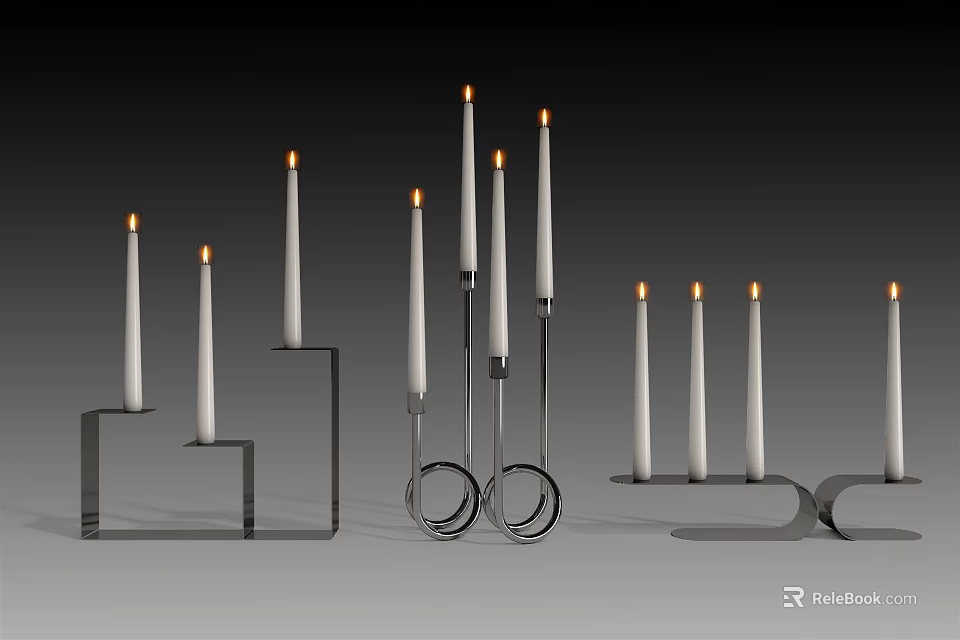 Modern Metal Candle Lamps with Lit White Candles and Unique Stand Designs 3d model 