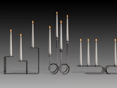 Modern Metal Candle Lamps with Lit White Candles and Unique Stand Designs 3d model