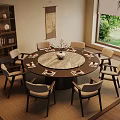 Round Dining Table Set with Marble Top Chairs in Interior with Bookshelf Window and Plants