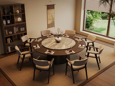 Round Dining Table Set with Marble Top Chairs in Interior with Bookshelf Window and Plants 3d model