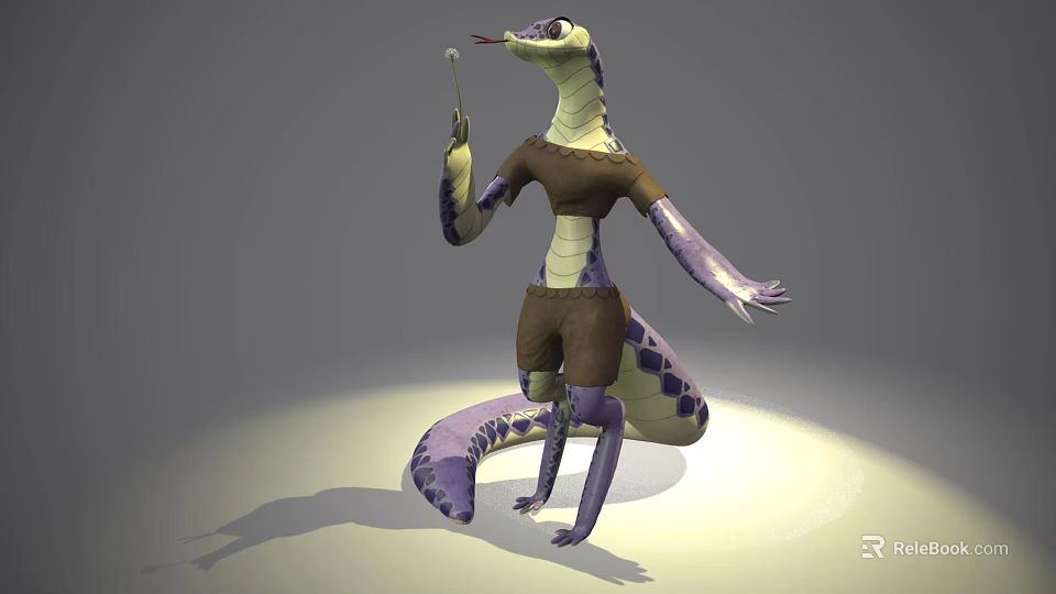 3D Anthropomorphic Lizard Creature Wearing Brown Outfit Holding Microphone Like Object With Purple Yellow Patterns 3d model 
