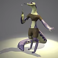 3D Anthropomorphic Lizard Creature Wearing Brown Outfit Holding Microphone Like Object With Purple Yellow Patterns