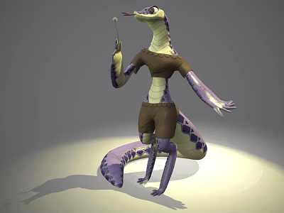 3D Anthropomorphic Lizard Creature Wearing Brown Outfit Holding Microphone Like Object With Purple Yellow Patterns 3d model