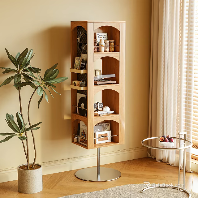 Wooden Bookshelf With Multiple Shelves Displaying Books Decorations Frames Green Plant Beige Wall Natural Light 3d model 