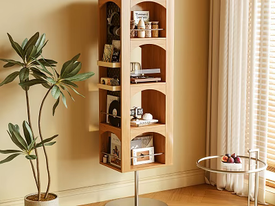 Wooden Bookshelf With Multiple Shelves Displaying Books Decorations Frames Green Plant Beige Wall Natural Light 3d model