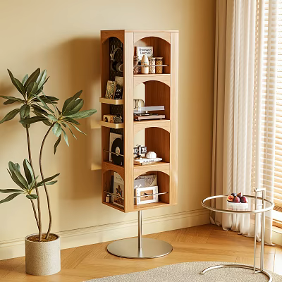 Wooden Bookshelf With Multiple Shelves Displaying Books Decorations Frames Green Plant Beige Wall Natural Light 3d model