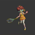 Little Girl with Orange Pigtails Running Holding Tennis Racket in Yellow Orange Dress