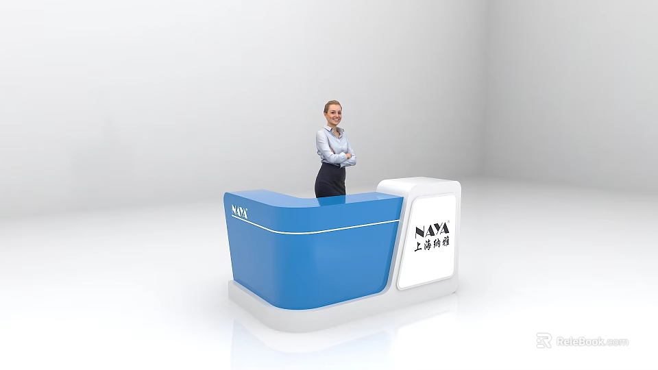 Modern Blue And White Reception Desk With NAV Logo And Standing Receptionist 3d model 