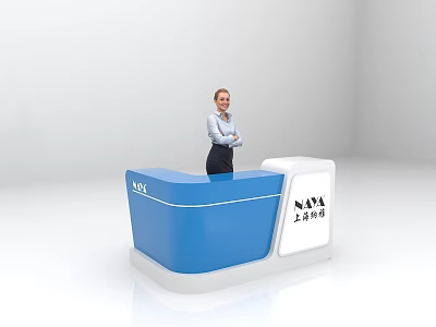 Modern Blue And White Reception Desk With NAV Logo And Standing Receptionist 3d model