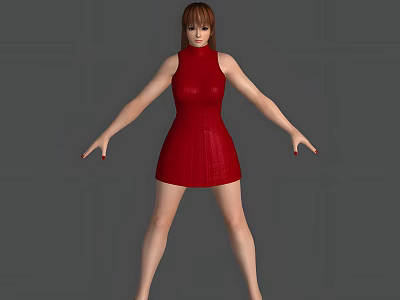 Woman In Red High Neck Knitted Dress With Arms Outstretched Against Gray Background 3d model