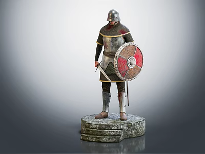 Armored Human Warrior Character With Red White Shield Sword On Stone Pedestal 3d model