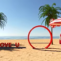 Beach Photo Check In Spot With Palm Trees Ocean View And Red White Umbrella