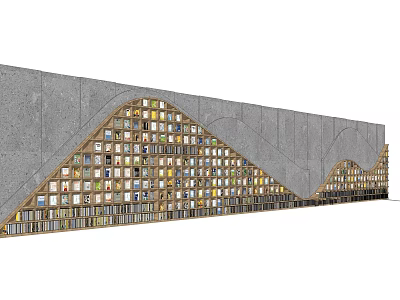 Modern Curved Wall Bookcase Interior Design Filled With Various Books And Unique Structure 3d model