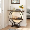 Modern Entryway Console Side Cabinet With Circular Design Wooden Top Books And Sunflower Vase