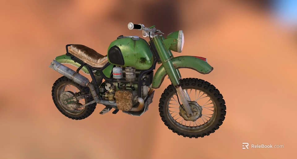 Green Vintage Off Road Motorcycle With Brown Seat Knobby Tires And Exposed Engine 3d model 