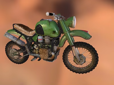 Green Vintage Off Road Motorcycle With Brown Seat Knobby Tires And Exposed Engine 3d model
