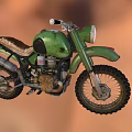 Green Vintage Off Road Motorcycle With Brown Seat Knobby Tires And Exposed Engine