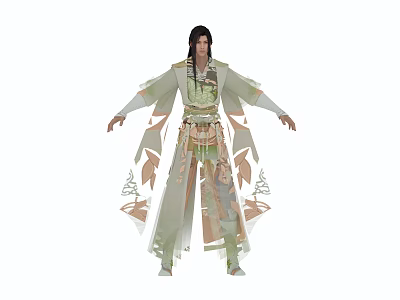 Ancient Mythical Character In Light Green Robe With Creature Patterns And Flowing Hair 3d model