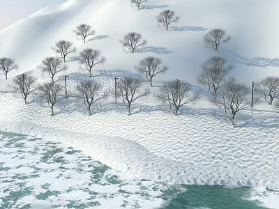 Winter Mountain Landscape With Snow Covered Trees And Frozen Ice Surface 3d model