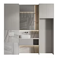 Modern Bathroom Vanity With Gray Tiled Walls LED Lighting And Storage Cabinets