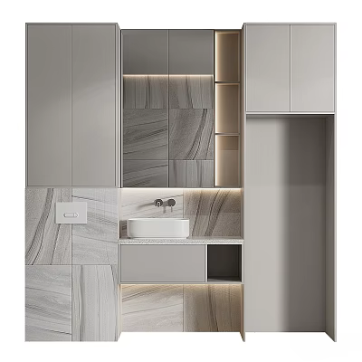 Modern Bathroom Vanity With Gray Tiled Walls LED Lighting And Storage Cabinets 3d model