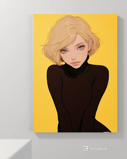 Stylish Blonde Short Hair Figure Portrait With Blue Eyes And Black Turtleneck Against Yellow Background 3d model 