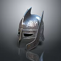 Warrior's Silver Helmet With Intricate Carvings Pointed Top And Reflective Metallic Surface