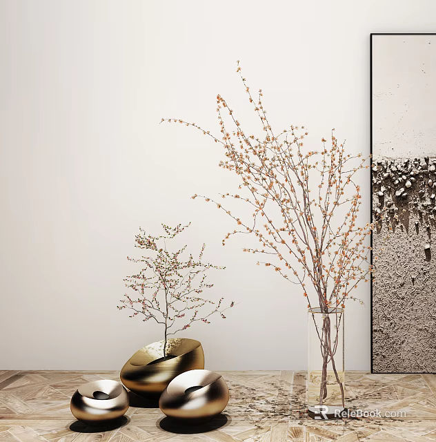 Golden Vase With Small Branches And Clear Glass Vase Holding Long Flower Bud Branches 3d model 