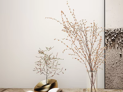 Golden Vase With Small Branches And Clear Glass Vase Holding Long Flower Bud Branches 3d model