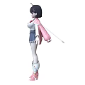 Short Black Haired Woman Wearing Sailor Uniform Red Bow Gray Skirt White Stockings Pink Shoes