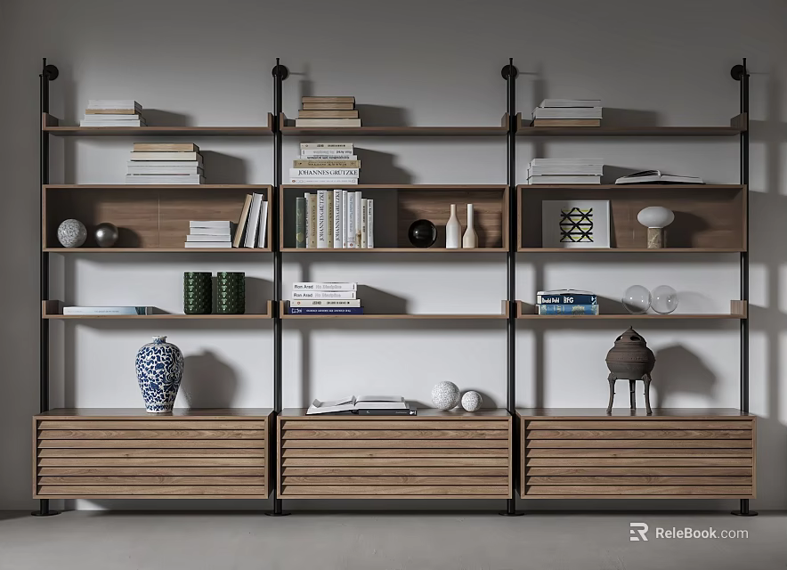 Modern Wooden Metal Bookcase With Multi Layer Shelves Books Decorative Vases And Storage Drawers 3d model 
