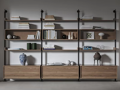 Modern Wooden Metal Bookcase With Multi Layer Shelves Books Decorative Vases And Storage Drawers 3d model
