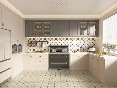Modern Kitchen Interior With White And Gray Cabinets Black Oven And Patterned Tile Floor 3d model