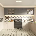 Modern Kitchen Interior With White And Gray Cabinets Black Oven And Patterned Tile Floor 3d model