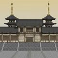 Ancient Traditional Architecture With Twin Pagodas Black Roofs And Golden Spires