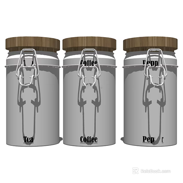 Three Metal Spice Jars With Wooden Lids And Clamp Design For Tea Coffee Pepper 3d model 