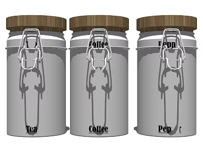 Three Metal Spice Jars With Wooden Lids And Clamp Design For Tea Coffee Pepper 3d model