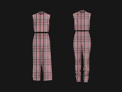Stylish Plaid Sleeveless Jumpsuit With High Neck And Waist Belt Design 3d model