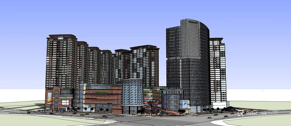 Modern Urban Commercial Street With Tall Buildings Shopping Mall And Glass Facades 3d model 