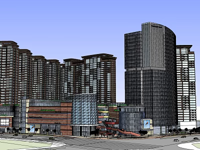 Modern Urban Commercial Street With Tall Buildings Shopping Mall And Glass Facades 3d model