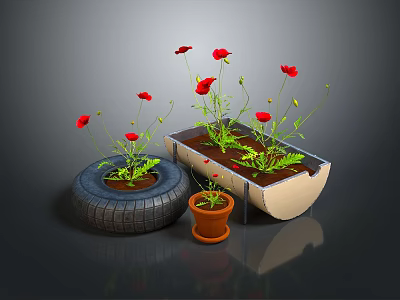 Red Flowers Growing In Tire Planter Clay Pot And Boat Shaped Container On Gray Background 3d model