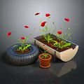 Red Flowers Growing In Tire Planter Clay Pot And Boat Shaped Container On Gray Background