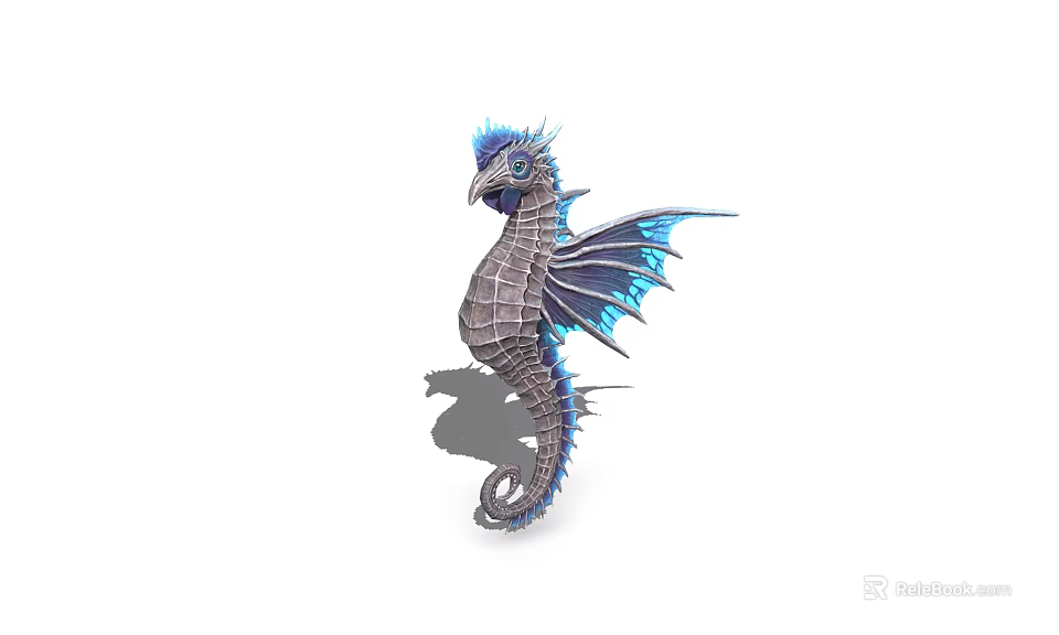 Seahorse Aquatic Animal 3D Model With Blue Fins And Detailed Gray Body 3d model 