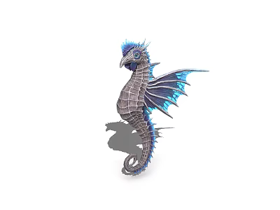 Seahorse Aquatic Animal 3D Model With Blue Fins And Detailed Gray Body 3d model