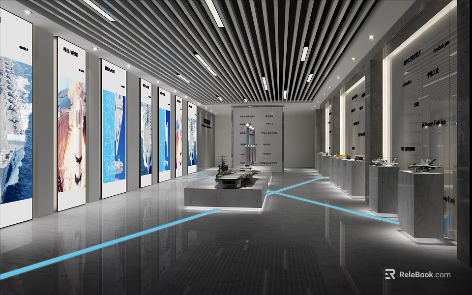 Modern Exhibition Hall Interior With Digital Displays Blue Floor Lines And Display Counters 3d model 