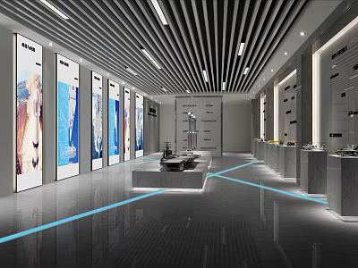 Modern Exhibition Hall Interior With Digital Displays Blue Floor Lines And Display Counters 3d model