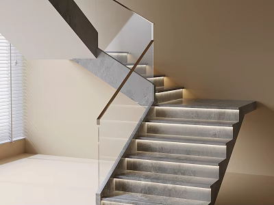 Modern Indoor Staircase With Glass Railing Gray Steps And LED Strip Lighting 3d model