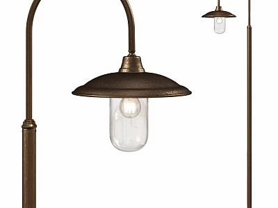 Vintage Bronze Floor Lamp With Arched Metal Pole Wide Brim Shade And Clear Glass Bulb 3d model